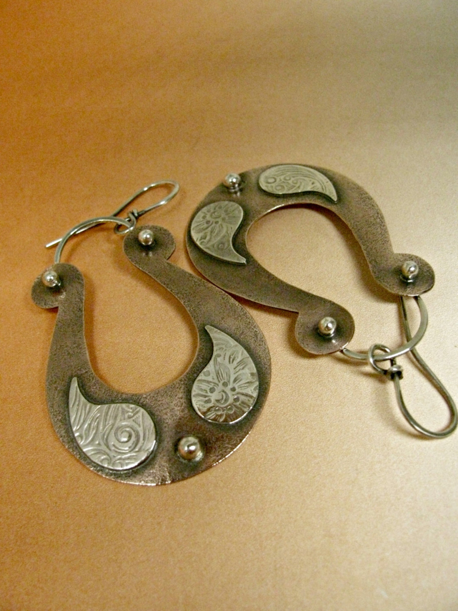 Large Bohemian Earrings In Mixed Metals With Paisley Accents Mocahete Large Boho Two Tone Mixed Metal Copper And Sterling Silver Paisley Earrings