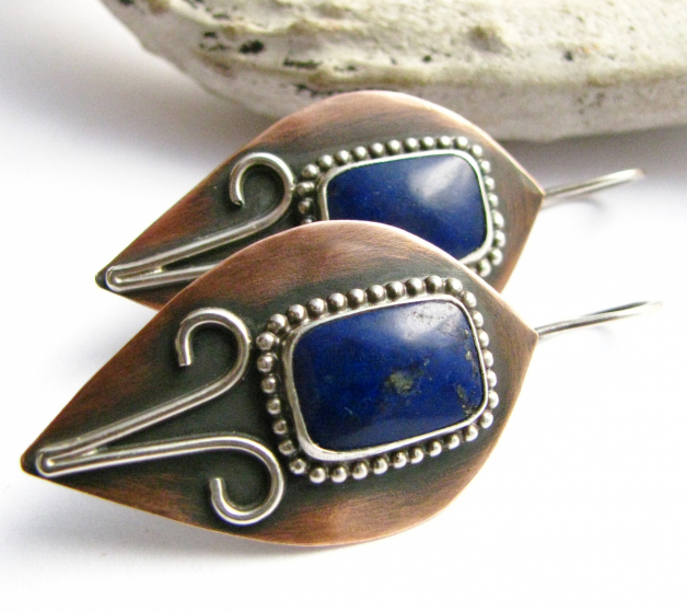 Lapis, Sterling Silver And Copper Earrings