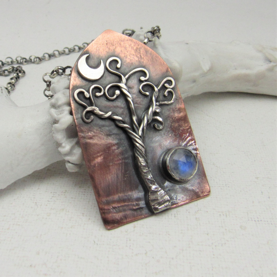 Copper, Silver And Moonstone Open The Door Pendant Necklace