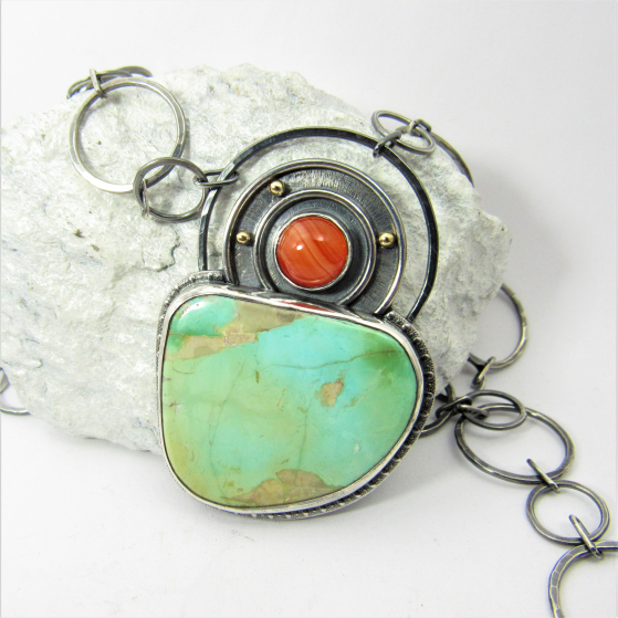 Turquoise, Carnelian, Sterling Silver And 18k Gold Pendant Necklace