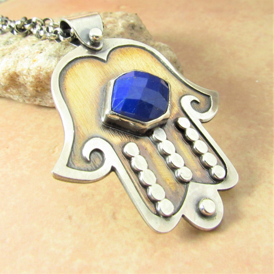 Mixed Metal And Lapis Lazuli Hamsa Pendant Necklace