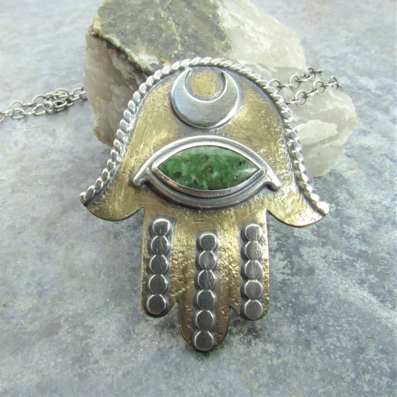 Silver, Bronze And Jade Evil Eye Hamsa Pendant Necklace