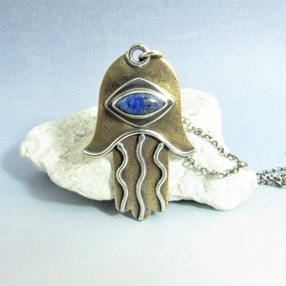 Bronze, Silver And Lapis Lazuli Hamsa Pendant Necklace, Mixed Metal Hand Of Fatima
