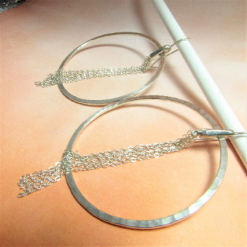 Extra Large Hammered Sterling Silver Hoop Earrings With Chain Tassel
