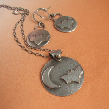 Sterling Silver Bat Earrings And Necklace Set, Fall, Halloween Jewelry