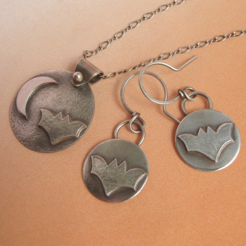 Sterling Silver Bat Earrings And Necklace Set, Fall, Halloween Jewelry