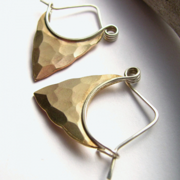 Small Silver And Bronze Hoops, Bronze And Sterling Silver Pixie Earrings, Blade Hoop Earrings, Mixed Metal Earrings, Arrowhead Earrings