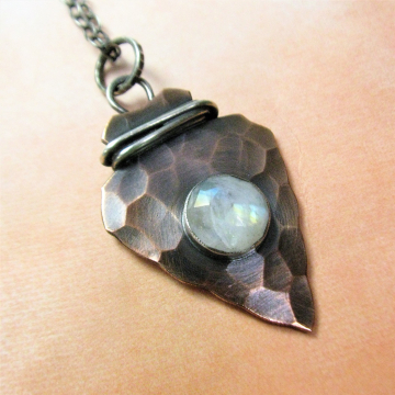 Rustic Copper, Sterling Silver And Rainbow Moonstone Arrowhead Pendant Necklace, Mixed Metal Jewelry By Mocahete