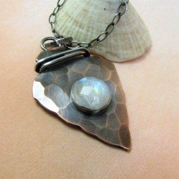 Rustic Copper, Sterling Silver And Rainbow Moonstone Arrowhead Pendant Necklace, Mixed Metal Jewelry By Mocahete