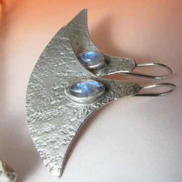 Modern Argentium Sterling Silver And Rainbow Moonstone Earrings, Large Statement Earrings, Metalsmith Jewelry