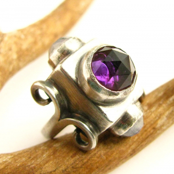 Statement Ring With Amethyst And Moonstone in Sterling Silver, Size 7 One Of A Kind