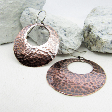 Classic Hammered Copper Gypsy Hoop Earrings With Sterling Silver Ear Wires, Boho Jewelry
