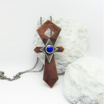Egyptian Ankh Necklace in Copper, Sterling Silver And Lapis Lazuli