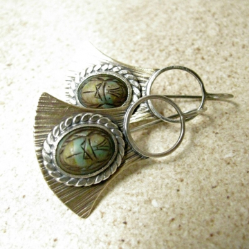 Mixed Metal Scarab Earrings, Bronze And Sterling Silver Vintage Cabochon Egyptian Earrings