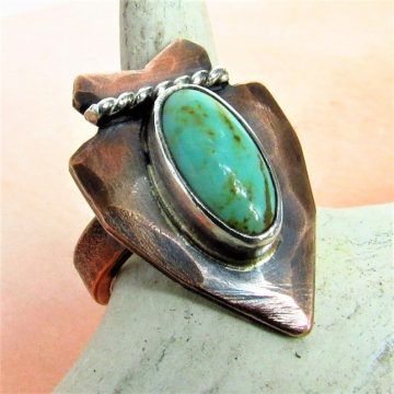 Size 8 Turquoise Arrowhead Ring In Copper, Fine and Sterling Silver, Southwest Design, Rustic, Unisex