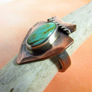 Size 8 Turquoise Arrowhead Ring In Copper, Fine and Sterling Silver, Southwest Design, Rustic, Unisex
