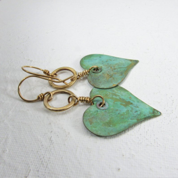 Queen Of Heart Earrings - Verdigris Large Brass Earrings, Funky, Soulful Metalsmith Boho Jewelry That Makes A Statement