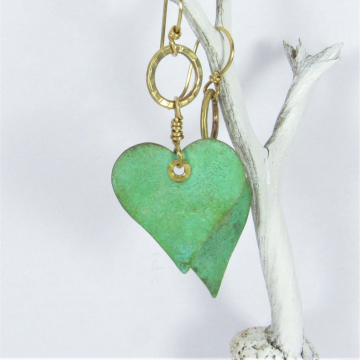 Queen Of Heart Earrings - Verdigris Large Brass Earrings, Funky, Soulful Metalsmith Boho Jewelry That Makes A Statement