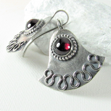 Argentium Sterling Silver Egyptian Lotus Earrings With Large Deep Red Garnets, One Of A Kind Artisan Jewelry