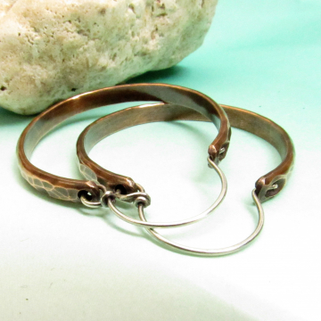 Large Hammered Copper Hoop Earrings With Sterling Silver Ear Wires, Two Tone, Mixed Metal Earrings