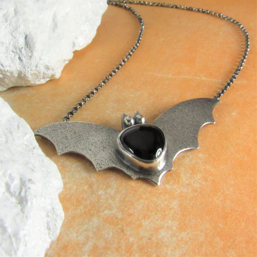 Argentium Sterling Silver Bat Pendant Necklace With Black Onyx, Jewlery For Fall Celebrations