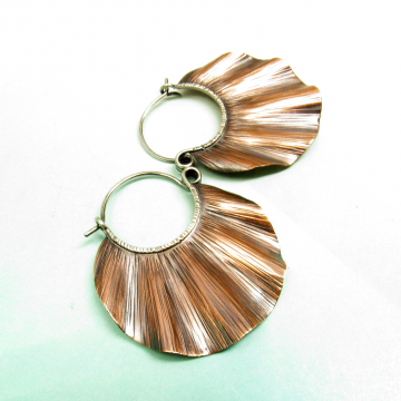 Large Ruffled Copper Hoop Earrings, Mixed Metal Artisan Jewelry, Copper And Silver Earrings