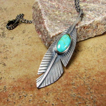 Sterling Silver Feather Necklace With Kingman Turquoise, Handcrafted Artisan Jewelry, Turquoise Pendant
