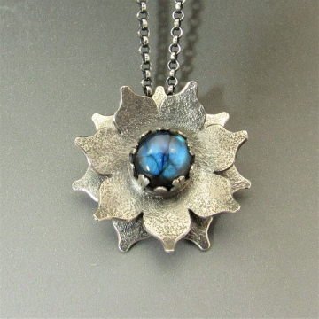 Labradorite Lotus Flower Pendant Necklace In Argentium Sterling Silver