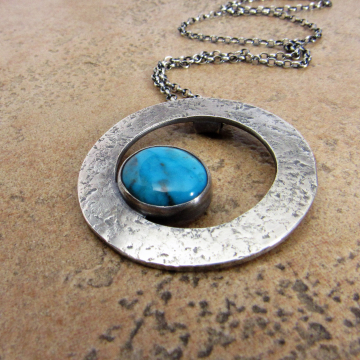 Modern Argentium Sterling Silver And Kingman Turquoise Necklace, Artisan Metalsmith Jewelry