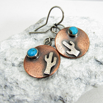 Copper And Sterling Silver Cactus Earrings With Turquoise
