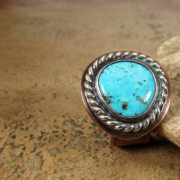Mixed Metal Turquoise Ring One Of A KInd Sterling Silver And Copper Unisex Size 9 Ring