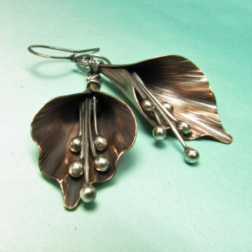 Copper And Sterling Silver Ruffled Lily Earrings, Handcrafted Mixed Metal Jewelry