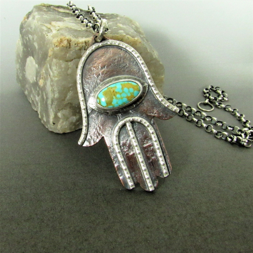 Copper, Silver And Turquoise Hamsa Necklace, Ethnic Hand Pendant, Mixed Metal Jewelry