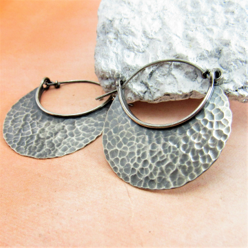 Large Hammered Sterling Silver Crescent Hoops With Friction Clasp
