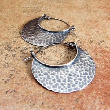 Large Hammered Sterling Silver Crescent Hoops With Friction Clasp