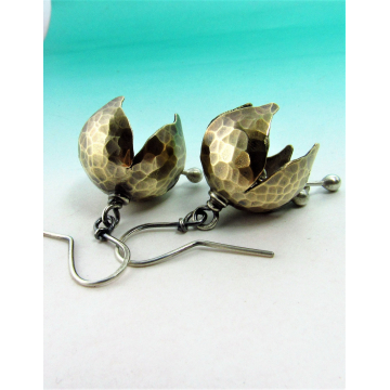 Mixed Metal, Nugold And Sterling Silver Tinkling Bell Flower Earrings, Artisan Metalsmith Jewelry By Mocahete