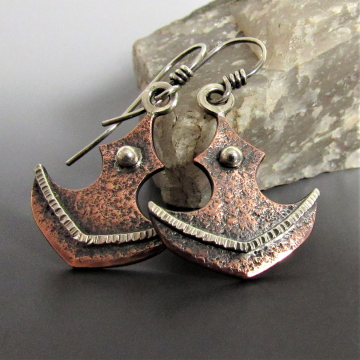 Copper Tribal Axe Earrings With Argentium Sterling Silver