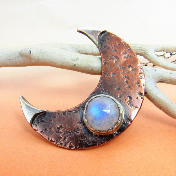 Rustic Copper, Sterling Silver And Rainbow Moonstone Crescent Moon Pendant Necklace, Mixed Metal Two Tone Jewelry