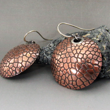 Textured Copper Domed Disk Earrings With Sterling Silver, Modern, Casual Everyday Jewelry