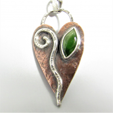 Jungle Leaf, Copper, Silver And Jade Necklace, Mixed Metal Heart Shape Leaf Pendant