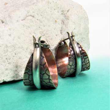 Two Tone Copper And Sterling Silver Basket Hoop Earrings, Contemporary Jewelry By Mocahete
