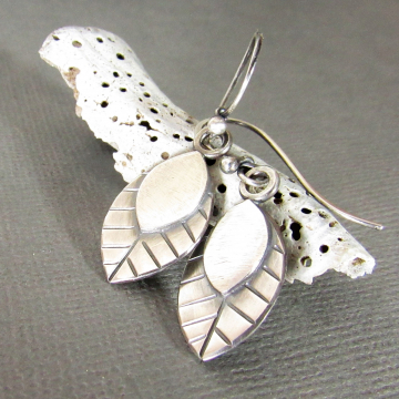 Small Argentium Sterling Silver Leaf Earrings, Contemporary Botanical Jewelry
