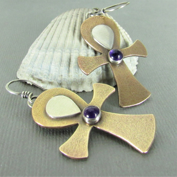 Golden Egyptian Ankh Earrings With Amethyst Cabochon In Broze And Sterling Silver