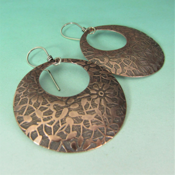 Bohemian Floral Patterend Copper Earrings, Large Gypsy Hoop Style With Sterling Silver Ear Wires