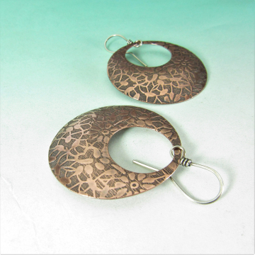 Bohemian Floral Patterend Copper Earrings, Large Gypsy Hoop Style With Sterling Silver Ear Wires