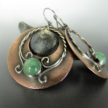 Mixed Metal, Copper And Sterling Silver Green Adventurine Earrings, Large Exotic earrings