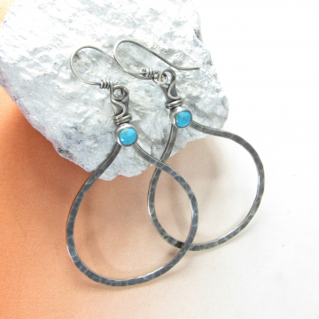 Large Sterling Silver And Turquoise Hoop Earrings, Hammered Loops With Bohemian Flair