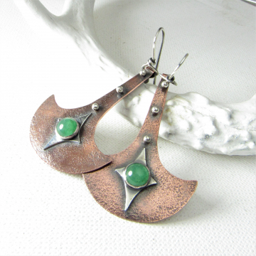 Tribal Inspired Green Adventurine Mixed Metal  Earrings In Copper And Sterling Silver, Boho And Exotic Statement Earrings