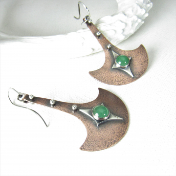 Tribal Inspired Green Adventurine Mixed Metal  Earrings In Copper And Sterling Silver, Boho And Exotic Statement Earrings