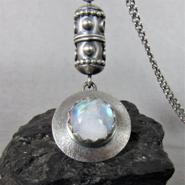 Shambala, Argentium Sterling Silver And Moonstone Pendant, One Of A Kind Statement Necklace